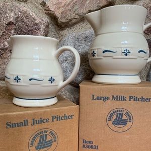 2 Longaberger Pottery pitchers, large & small